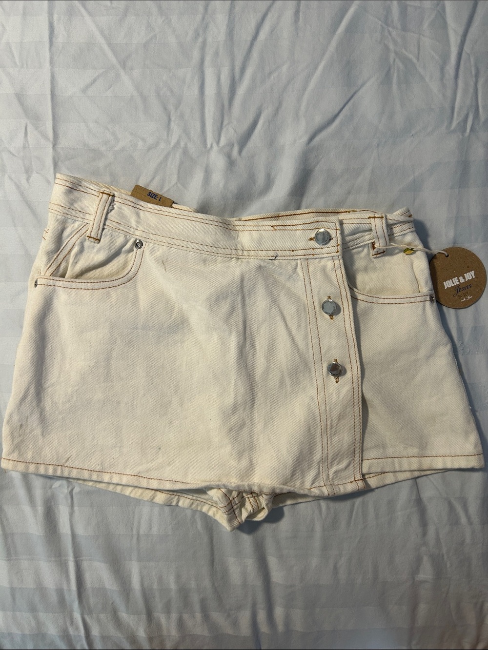 Joyce & Joy Cream Denim Button-Accent Jean Shorts